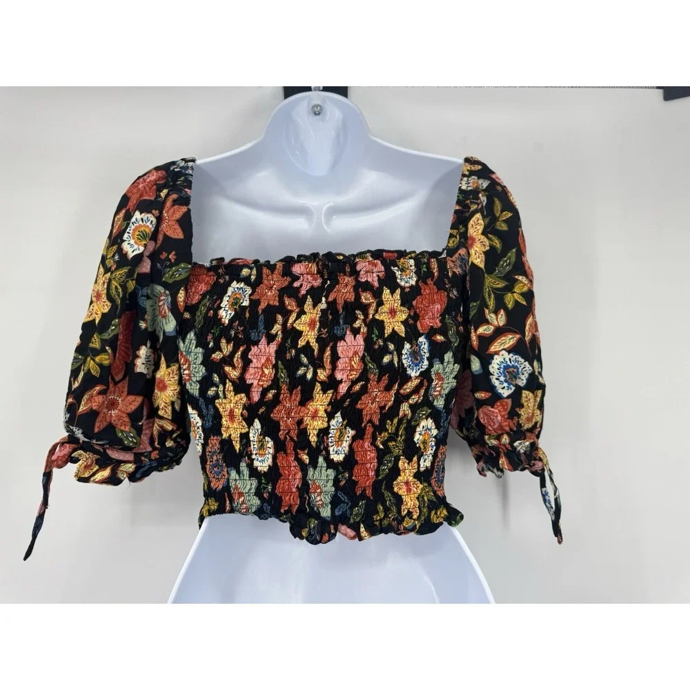 Olivaceous The Impeccable Pig Black Floral Crop Top Smocked cottagecore festival